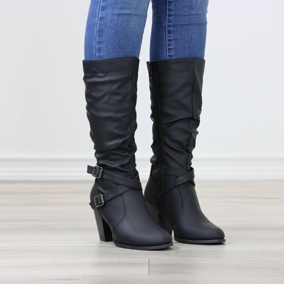 Black Mid Calf Block Heeled Boots Synthetic Leather Pointed Toe Womens - Picture 14 of 16